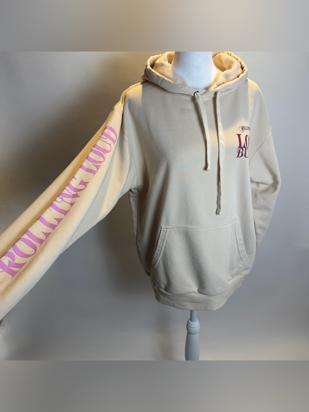 Cream Hoodie Sweatshirt with Pink Sleeve Script